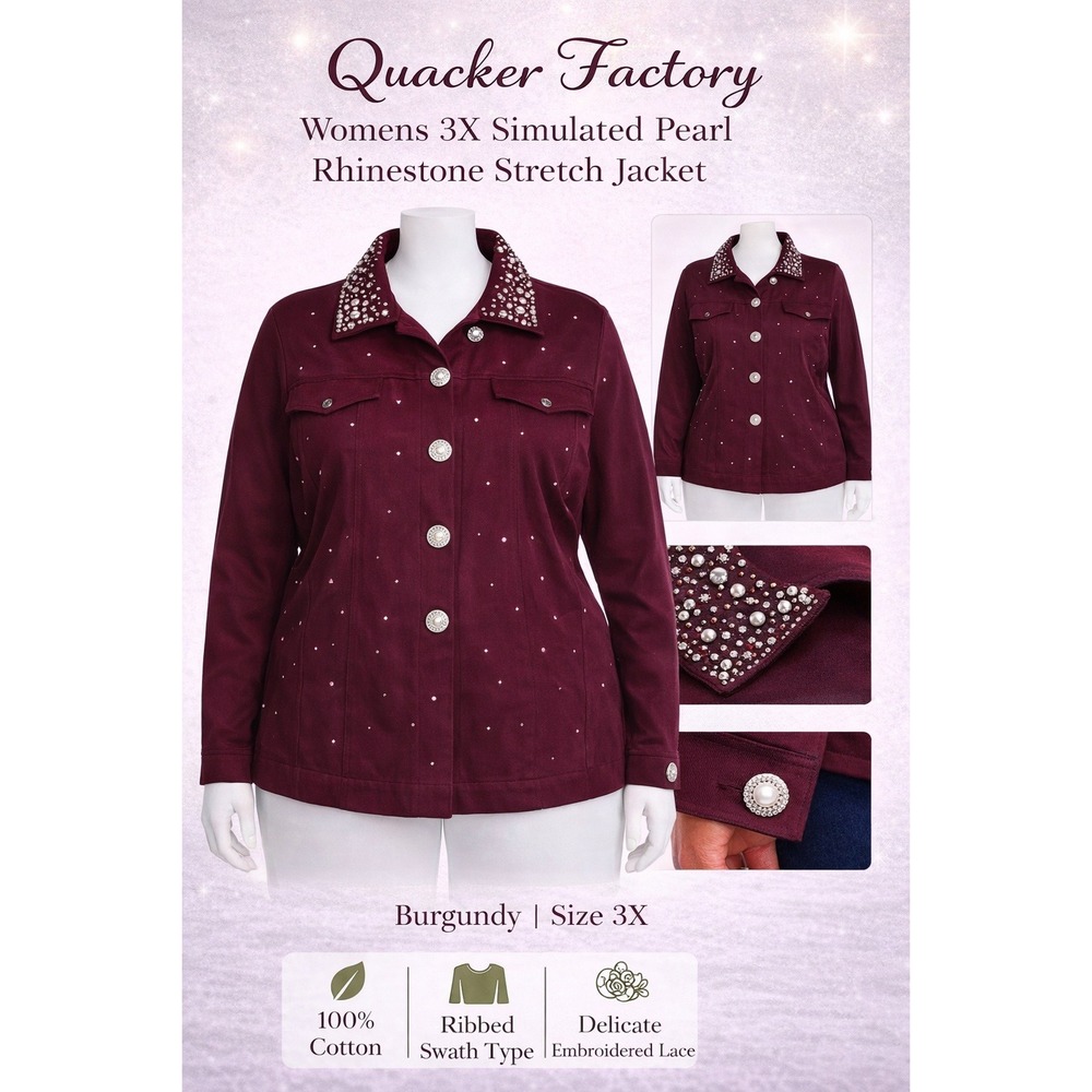 Quacker Factory Womens 3X Burgundy Pearl Rhinestone Stretch Jacket A234659 NWT